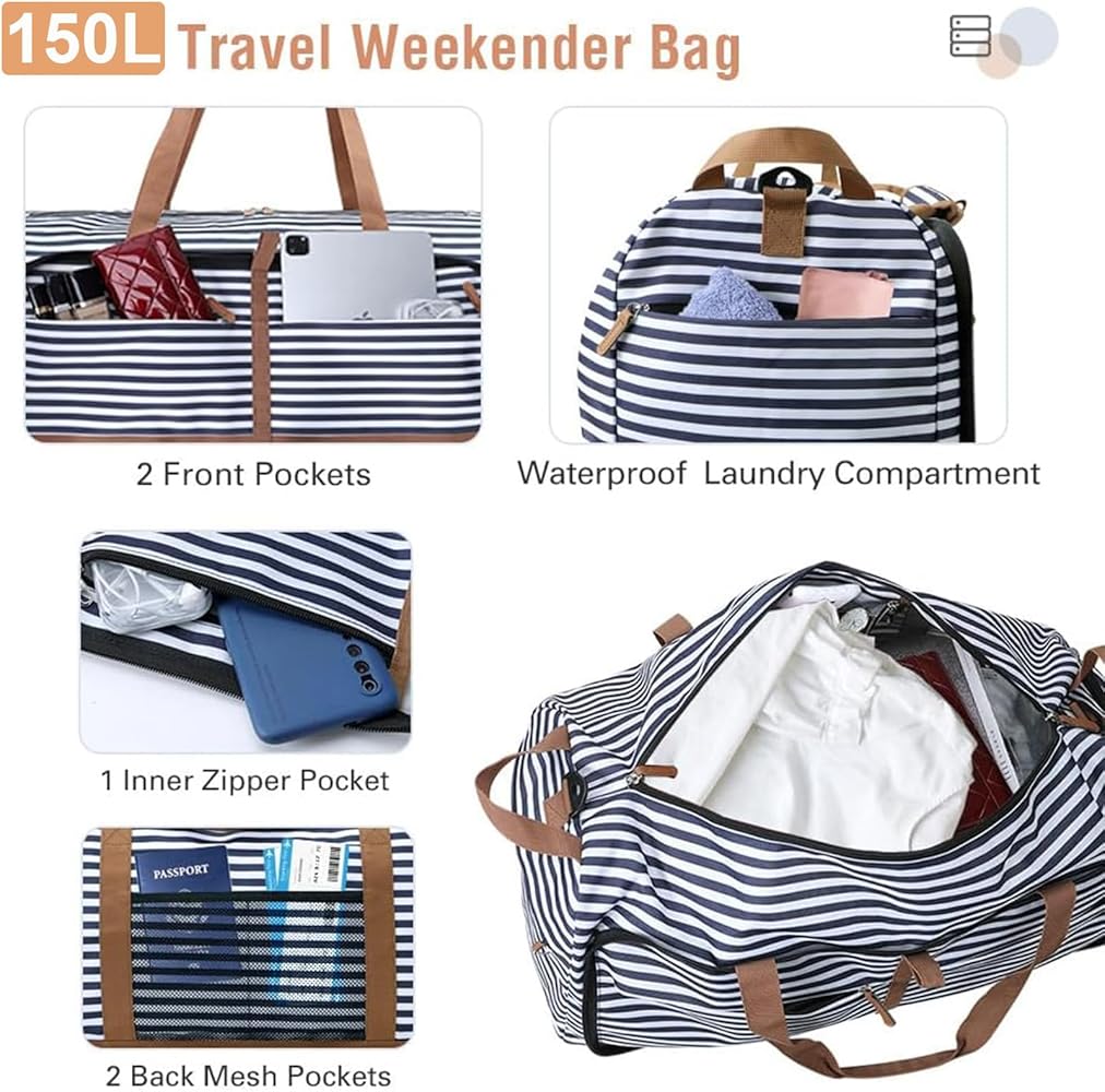 150L Foldable Travel Duffel Bag with Shoe Compartment (Stripe) - Saiyora&Zubaid