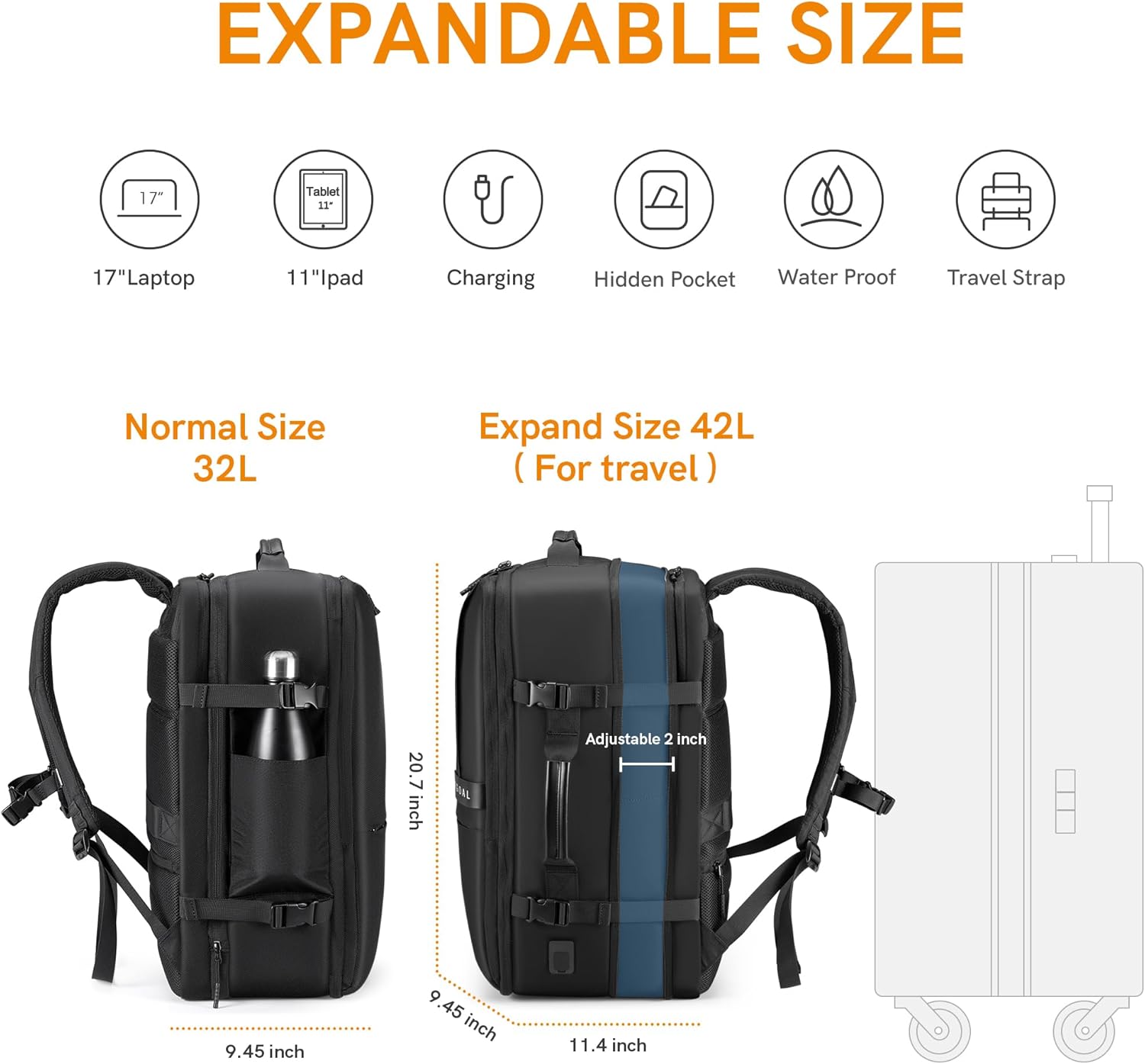 Flight - Approved Expandable Travel Backpack, fits 17.3" Laptop, with Toiletry Bag. - Saiyora&Zubaid