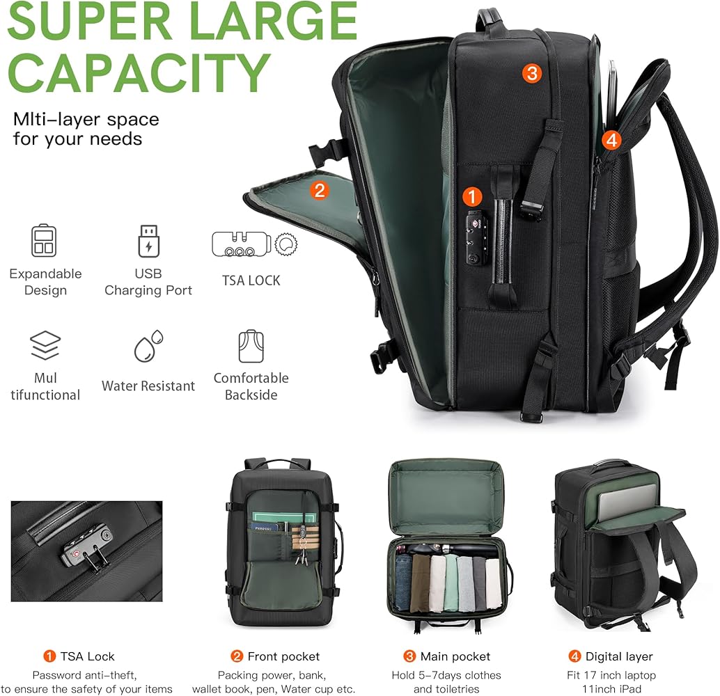 Flight - Approved Expandable Travel Backpack, fits 17.3" Laptop, with Toiletry Bag. - Saiyora&Zubaid