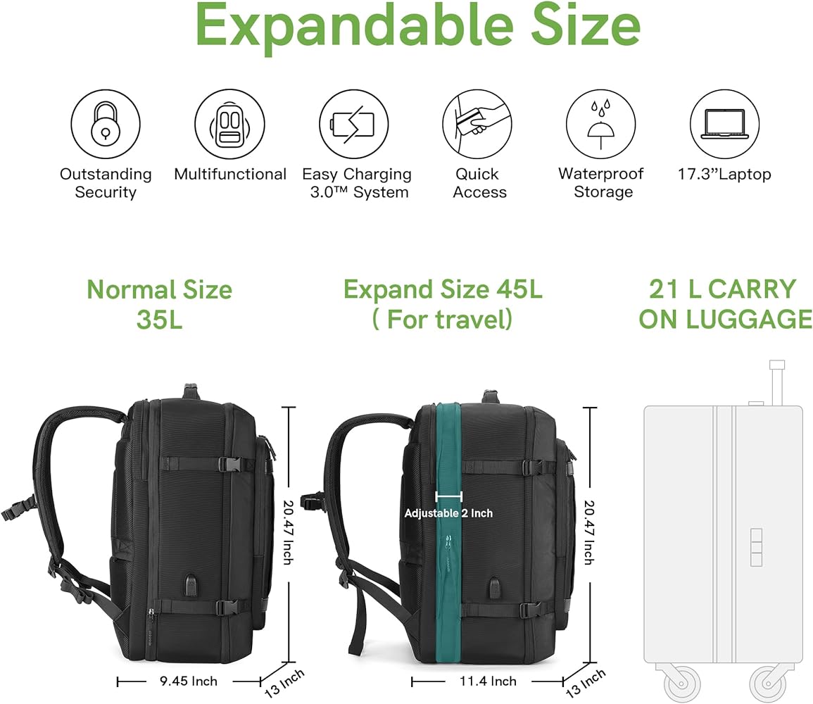 Flight - Approved Expandable Travel Backpack, fits 17.3" Laptop, with Toiletry Bag. - Saiyora&Zubaid