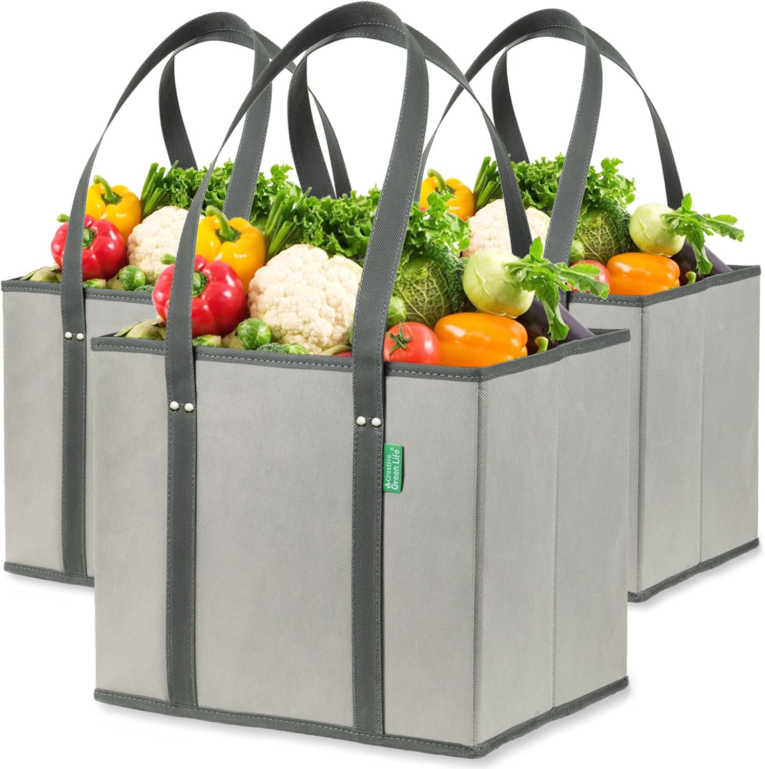 S&Z Creative Reusable Grocery Bags (3 Pack) – Heavy Duty Reusable Shopping Bags with Box Shape to Stand Up, Stay Open, Fold Flat – Large Tote Bags with Long Handles & Reinforced Bottom (Gray) - Saiyora&Zubaid